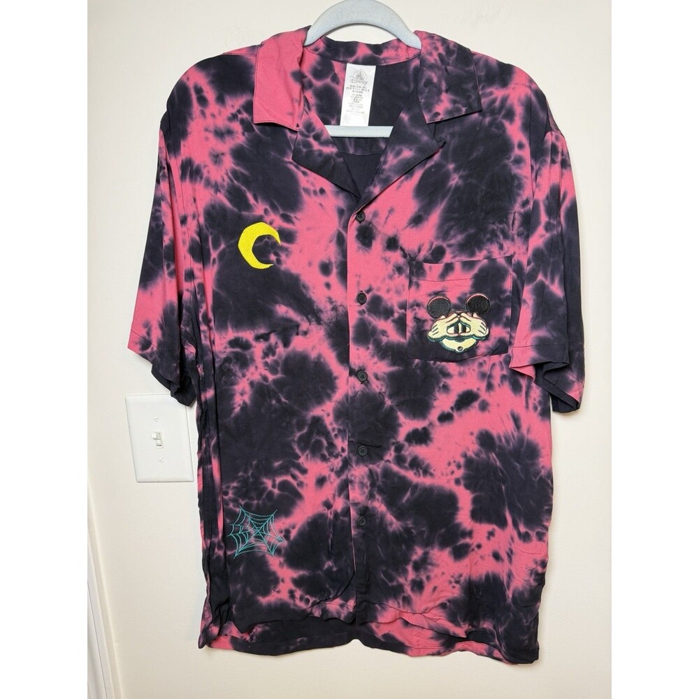 Disney Mickey Mouse Haunted Mansion Tie Dye Button Up Short Sleeve Large NWT
